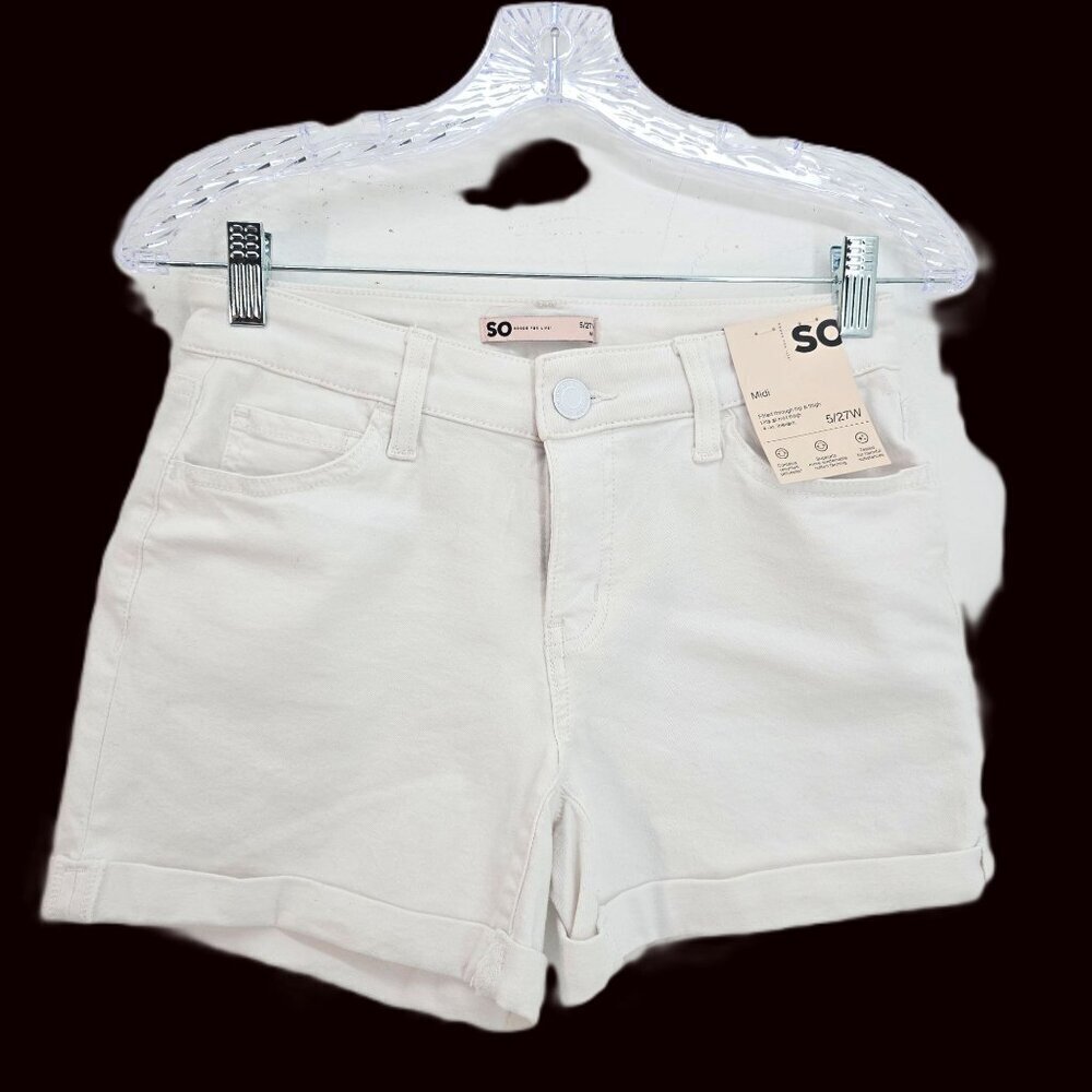 NWT SO White Cuffed MiDI Stretch Denim Shorts Waist 27"